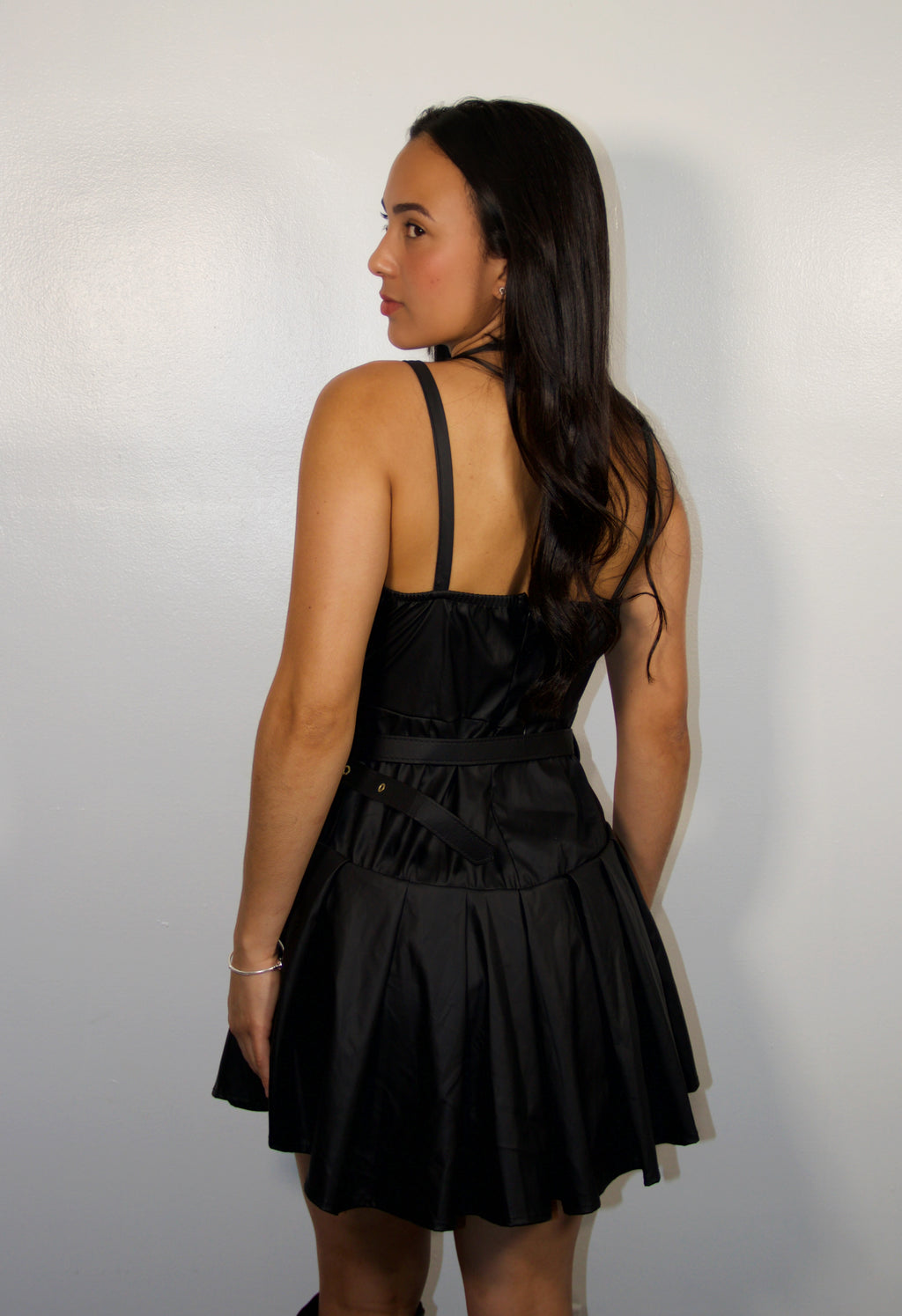 FAUX LEATHER PLEATED DRESS