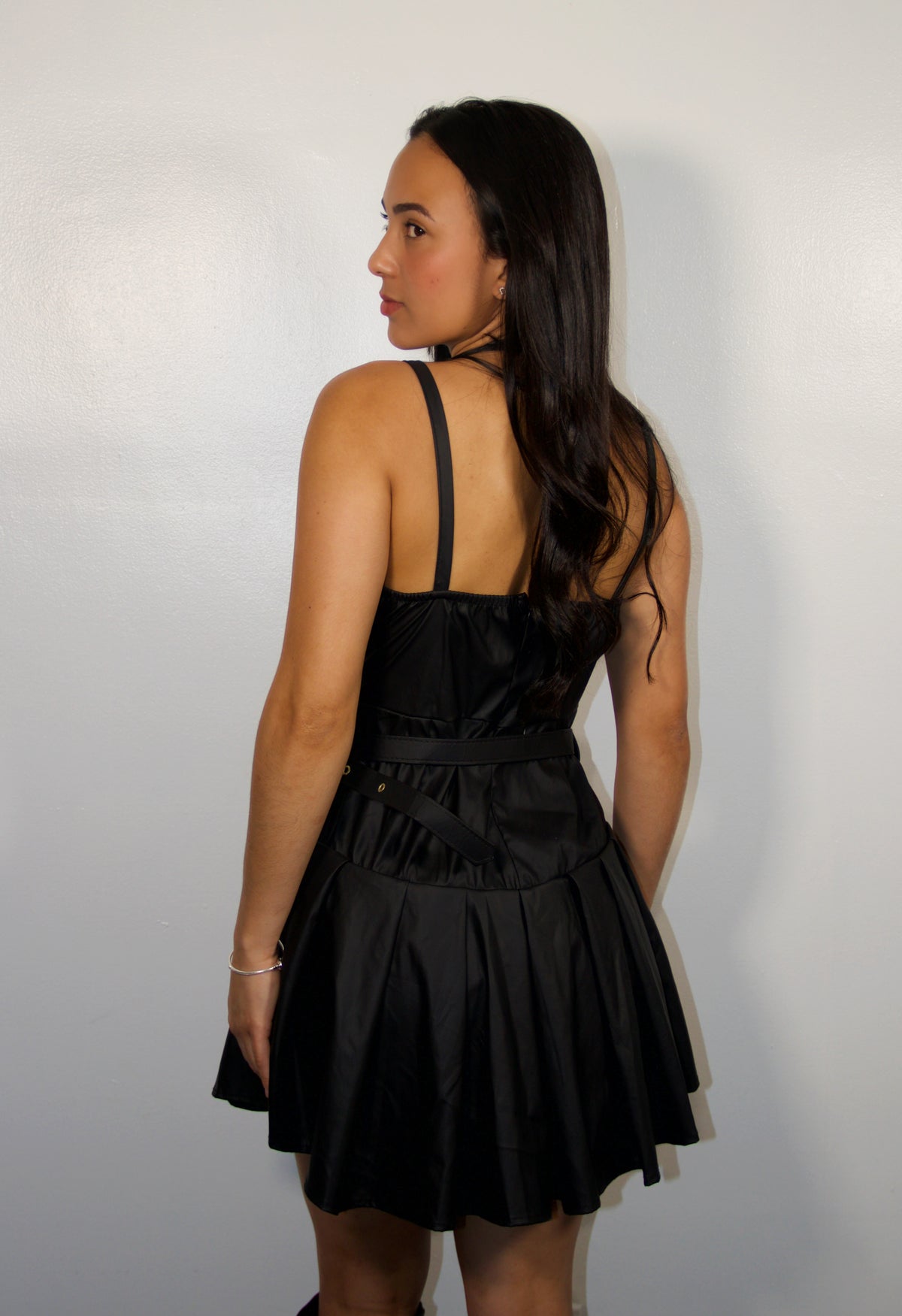 FAUX LEATHER PLEATED DRESS